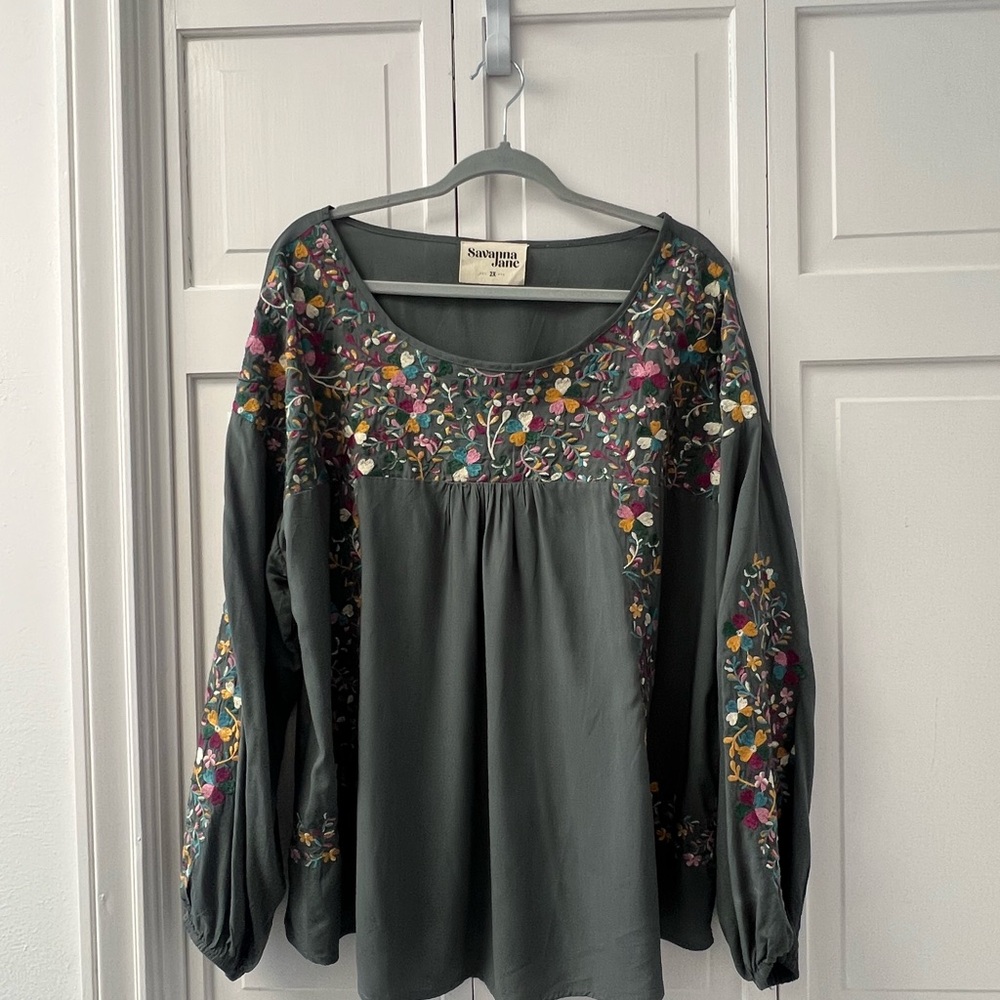 Savanna Jane Dark Green Embroidered Blouse